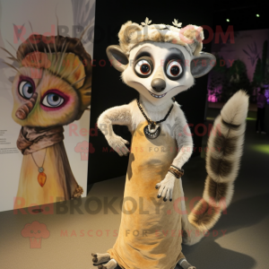 Tan Lemur mascot costume character dressed with a Evening Gown and Brooches
