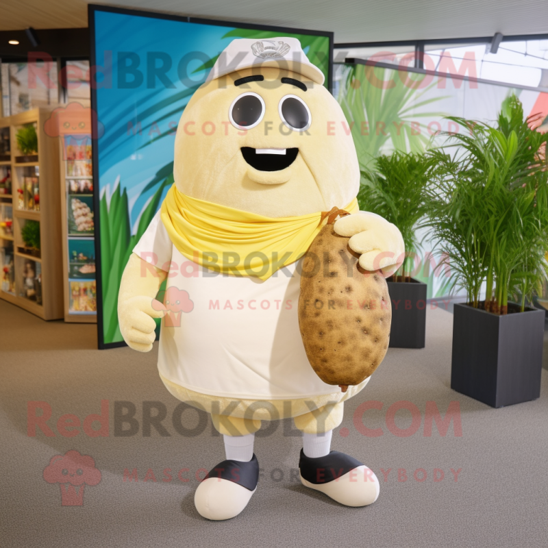 Cream Potato mascot costume character dressed with a Board Shorts and Pocket squares