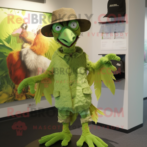 Lime Green Archeopteryx mascot costume character dressed with a Dress Shirt and Caps