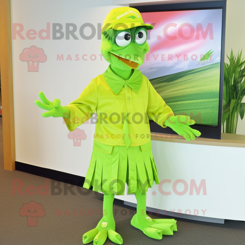 Lime Green Archeopteryx mascot costume character dressed with a Dress Shirt and Caps Lime Green Archeopteryx mascot costume character dressed with a Dress Shirt and Caps