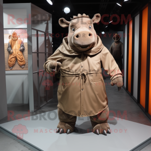Brown Rhinoceros mascot costume character dressed with a Parka and Suspenders