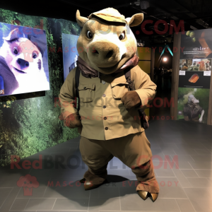 Brown Rhinoceros mascot costume character dressed with a Parka and Suspenders