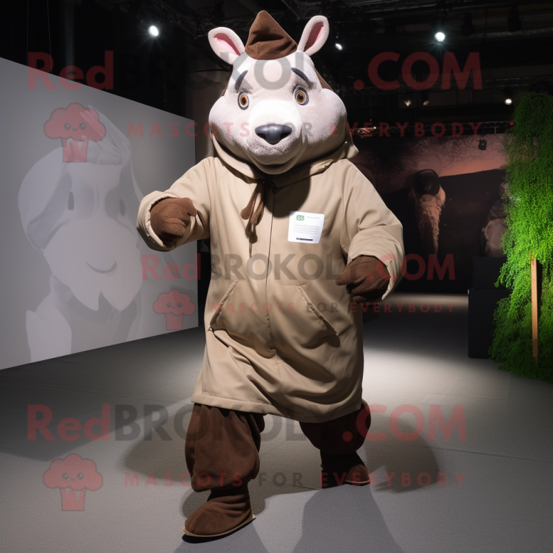 Brown Rhinoceros mascot costume character dressed with a Parka and Suspenders