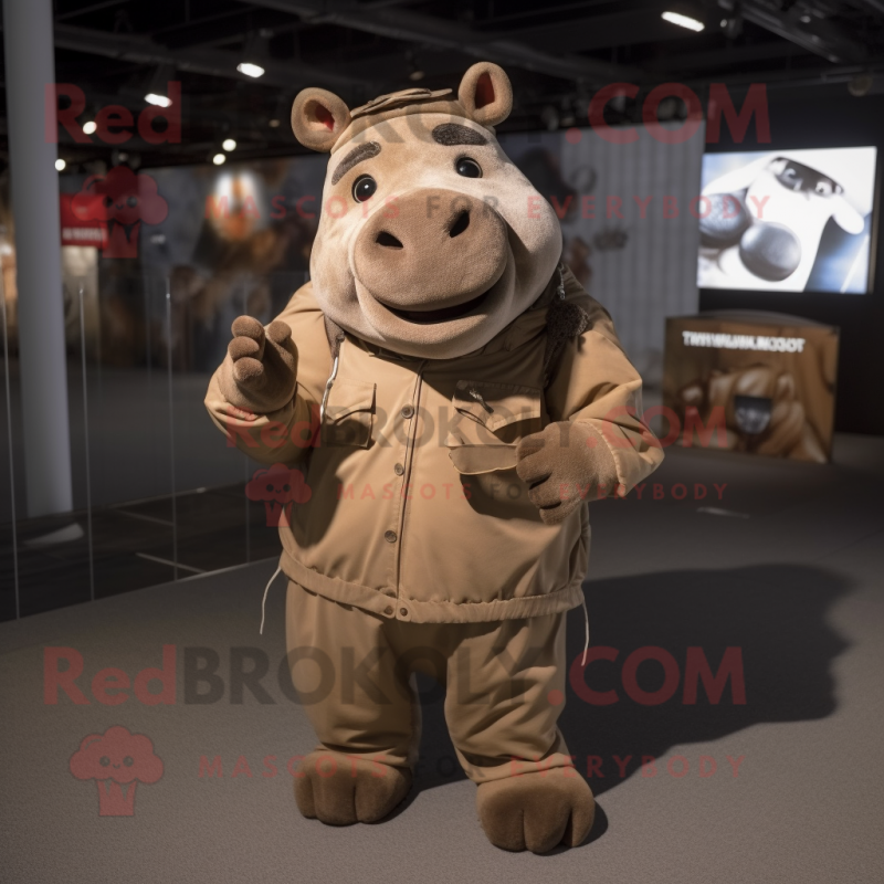 Brown Rhinoceros mascot costume character dressed with a Parka and Suspenders