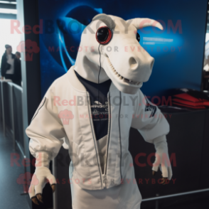 White Parasaurolophus mascot costume character dressed with a Bomber Jacket and Shawl pins