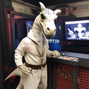 White Parasaurolophus mascot costume character dressed with a Bomber Jacket and Shawl pins