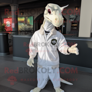 White Parasaurolophus mascot costume character dressed with a Bomber Jacket and Shawl pins