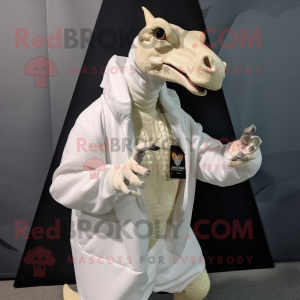 White Parasaurolophus mascot costume character dressed with a Bomber Jacket and Shawl pins