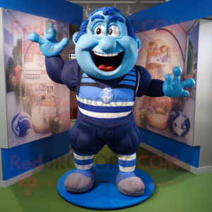 Blue Plate Spinner mascot costume character dressed with a Rugby Shirt and Foot pads