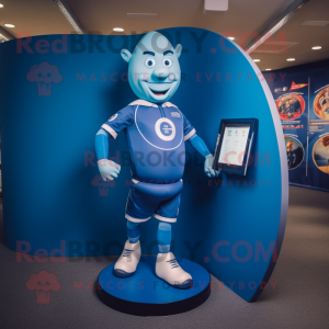 Blue Plate Spinner mascot costume character dressed with a Rugby Shirt and Foot pads