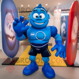 Blue Plate Spinner mascot costume character dressed with a Rugby Shirt and Foot pads