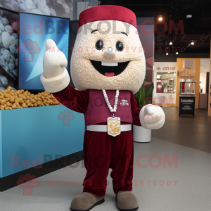 Maroon Pop Corn mascot costume character dressed with a Chinos and Bracelet watches