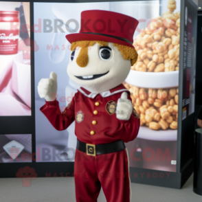 Maroon Pop Corn mascot costume character dressed with a Chinos and Bracelet watches