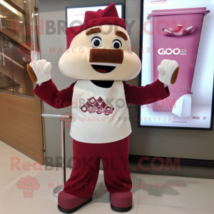 Maroon Pop Corn mascot costume character dressed with a Chinos and Bracelet watches