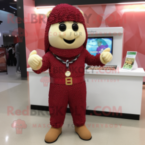Maroon Pop Corn mascot costume character dressed with a Chinos and Bracelet watches