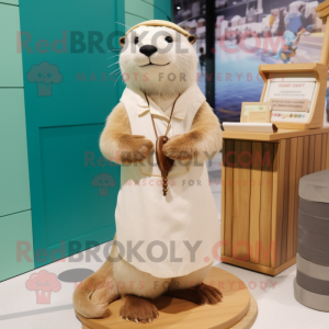 Cream Otter mascot costume character dressed with a Midi Dress and Clutch bags