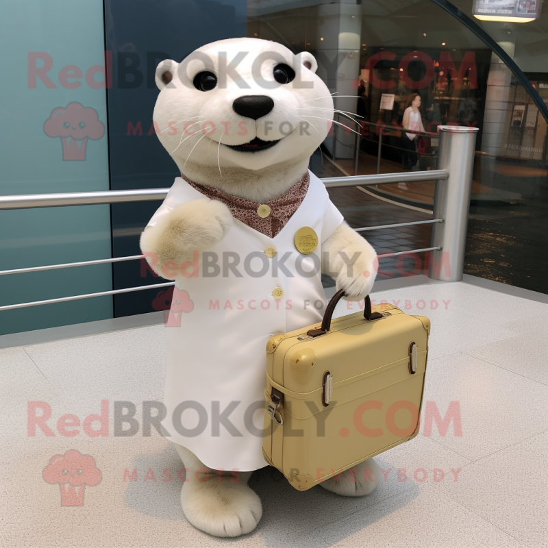 Cream Otter mascot costume character dressed with a Midi Dress and Clutch bags Cream Otter mascot costume character dressed with a Midi Dress and Clutch bags