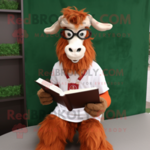 Rust Boer Goat mascot costume character dressed with a Polo Shirt and Reading glasses