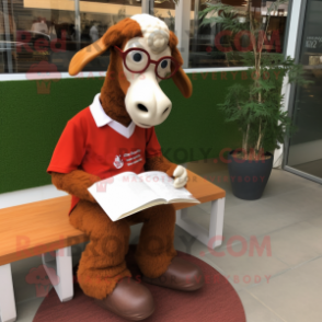 Rust Boer Goat mascot costume character dressed with a Polo Shirt and Reading glasses