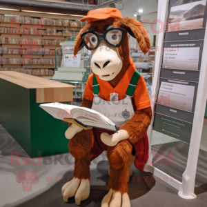 Rust Boer Goat mascot costume character dressed with a Polo Shirt and Reading glasses