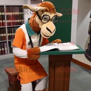Rust Boer Goat mascot costume character dressed with a Polo Shirt and Reading glasses