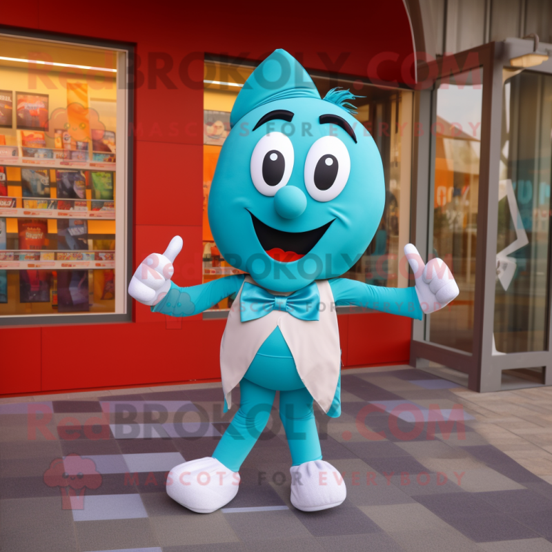 Turquoise Aglet mascot costume character dressed with a Running Shorts and Bow ties