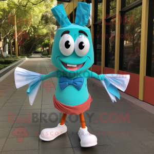 Turquoise Aglet mascot costume character dressed with a Running Shorts and Bow ties