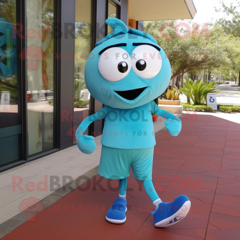 Turquoise Aglet mascot costume character dressed with a Running Shorts and Bow ties