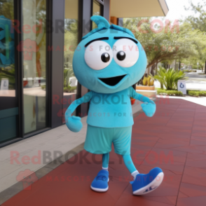 Turquoise Aglet mascot costume character dressed with a Running Shorts and Bow ties