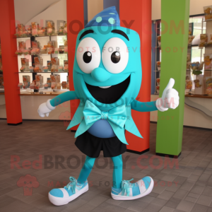 Turquoise Aglet mascot costume character dressed with a Running Shorts and Bow ties