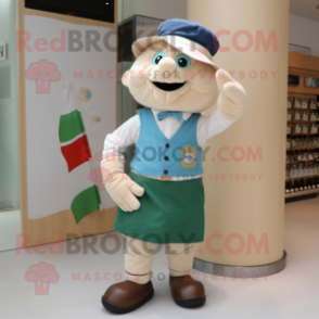 Cream Irish Flag mascot costume character dressed with a Chambray Shirt and Foot pads