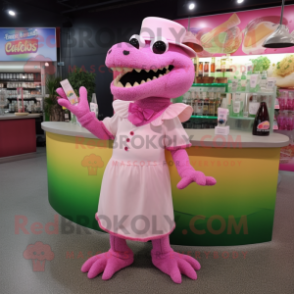 Pink Crocodile mascot costume character dressed with a Cocktail Dress and Caps