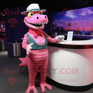 Pink Crocodile mascot costume character dressed with a Cocktail Dress and Caps