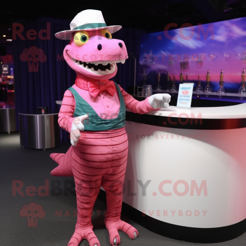Pink Crocodile mascot costume character dressed with a Cocktail Dress and Caps Pink Crocodile mascot costume character dressed with a Cocktail Dress and Caps