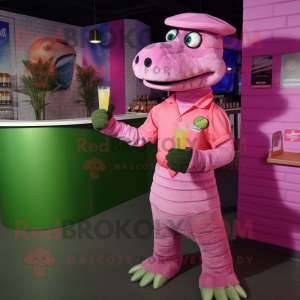 Pink Crocodile mascot costume character dressed with a Cocktail Dress and Caps
