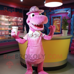 Pink Crocodile mascot costume character dressed with a Cocktail Dress and Caps