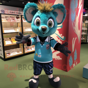 Teal Aye-Aye mascot costume character dressed with a Rugby Shirt and Suspenders