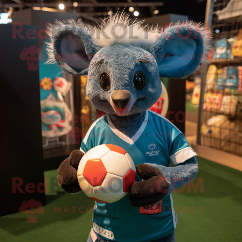 Teal Aye-Aye mascot costume character dressed with a Rugby Shirt and Suspenders Teal Aye-Aye mascot costume character dressed with a Rugby Shirt and Suspenders