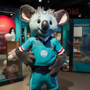 Teal Aye-Aye mascot costume character dressed with a Rugby Shirt and Suspenders