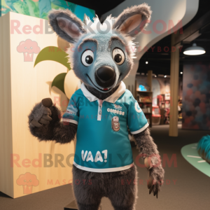 Teal Aye-Aye mascot costume character dressed with a Rugby Shirt and Suspenders