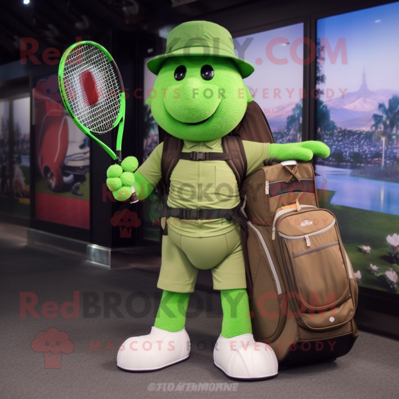 Green Tennis Racket mascot costume character dressed with a Cargo Pants and Belts Green Tennis Racket mascot costume character dressed with a Cargo Pants and Belts