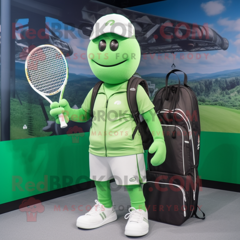 Green Tennis Racket mascot costume character dressed with a Cargo Pants and Belts Green Tennis Racket mascot costume character dressed with a Cargo Pants and Belts