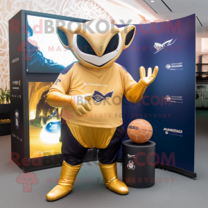 Gold Manta Ray mascot costume character dressed with a Rugby Shirt and Bracelet watches