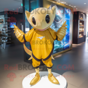 Gold Manta Ray mascot costume character dressed with a Rugby Shirt and Bracelet watches