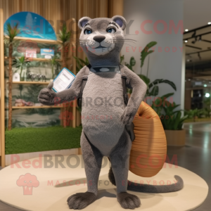Gray Jaguarundi mascot costume character dressed with a Board Shorts and Clutch bags