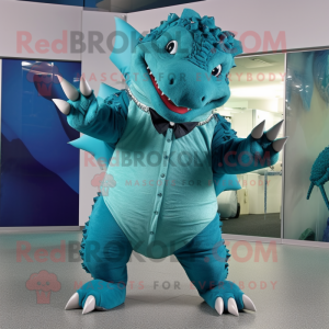 Teal Ankylosaurus mascot costume character dressed with a Capri Pants and Cufflinks