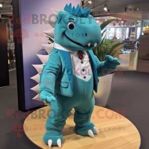 Teal Ankylosaurus mascot costume character dressed with a Capri Pants and Cufflinks