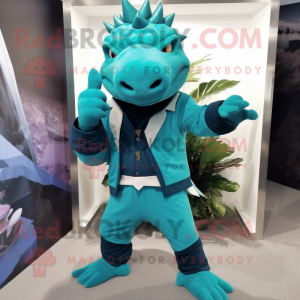 Teal Ankylosaurus mascot costume character dressed with a Capri Pants and Cufflinks