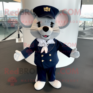 Navy Mouse mascot costume character dressed with a Suit Jacket and Hair clips