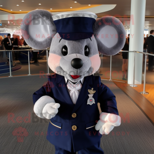 Navy Mouse mascot costume character dressed with a Suit Jacket and Hair clips